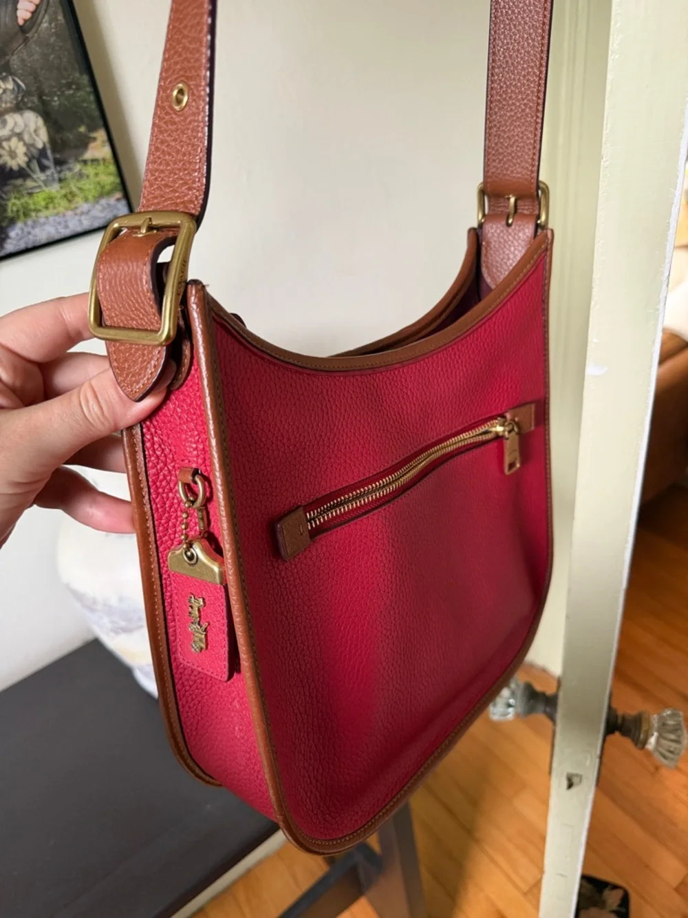 Coach Red Two-Tone Leather Shoulder Bag - Picture 2 of 9